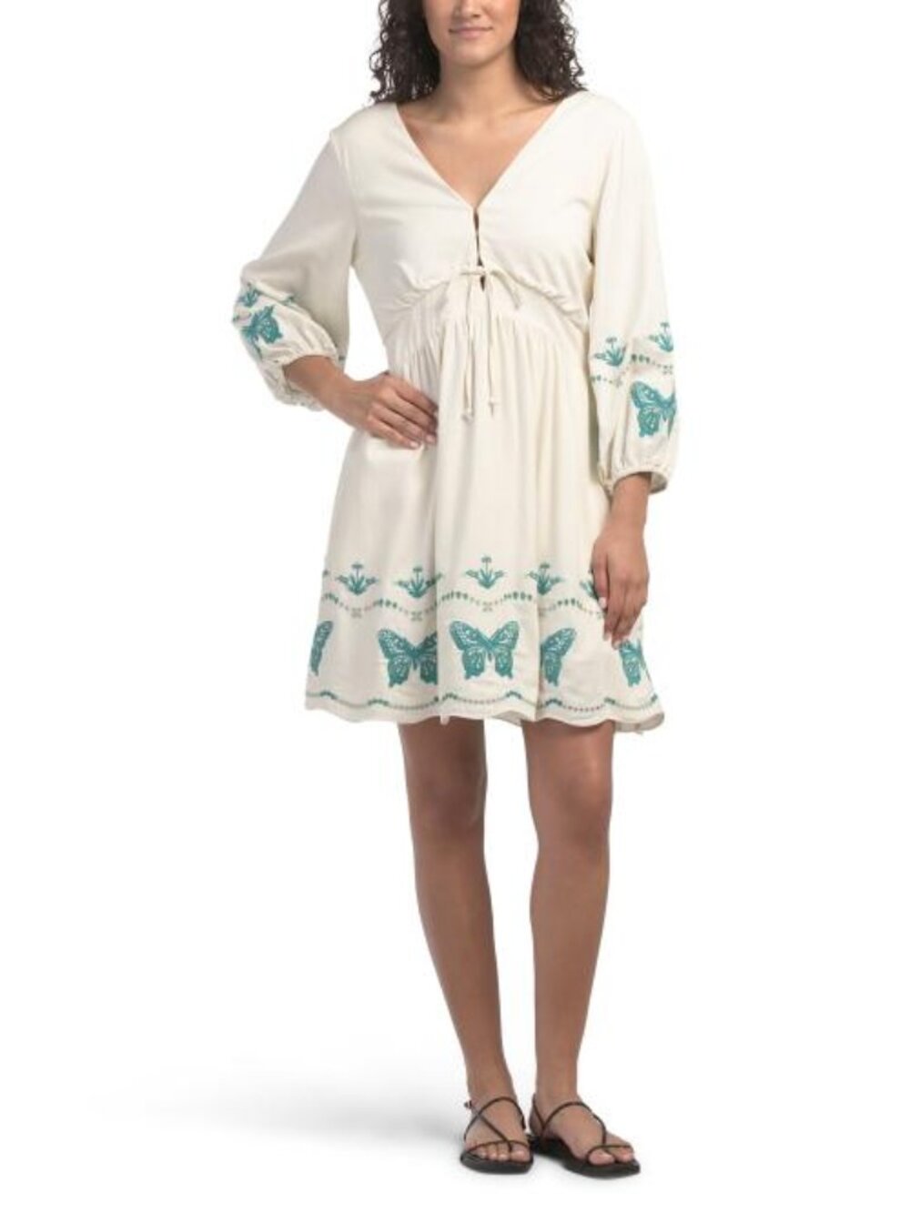 SUPER NATURAL BY SECRET MISSION Linen Blend Embroidered Butterfly Gia Mini Dress
